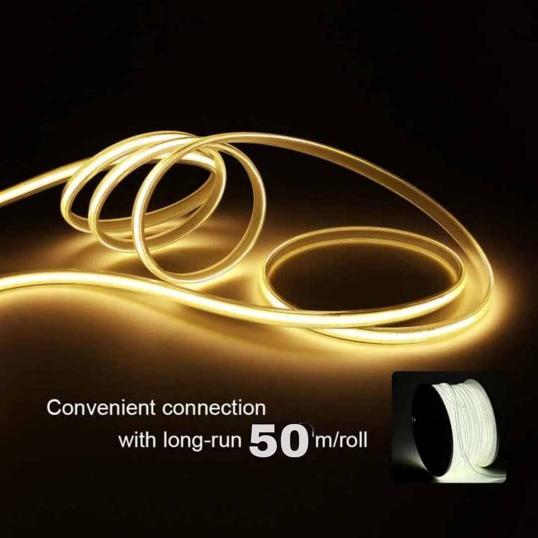 نوار چراغ ال ای دی COB به طول 50 متر، ضد آب IP65، نوار COB انعطاف پذیر 8 میلی متری با کانکتور (سفید گرم)