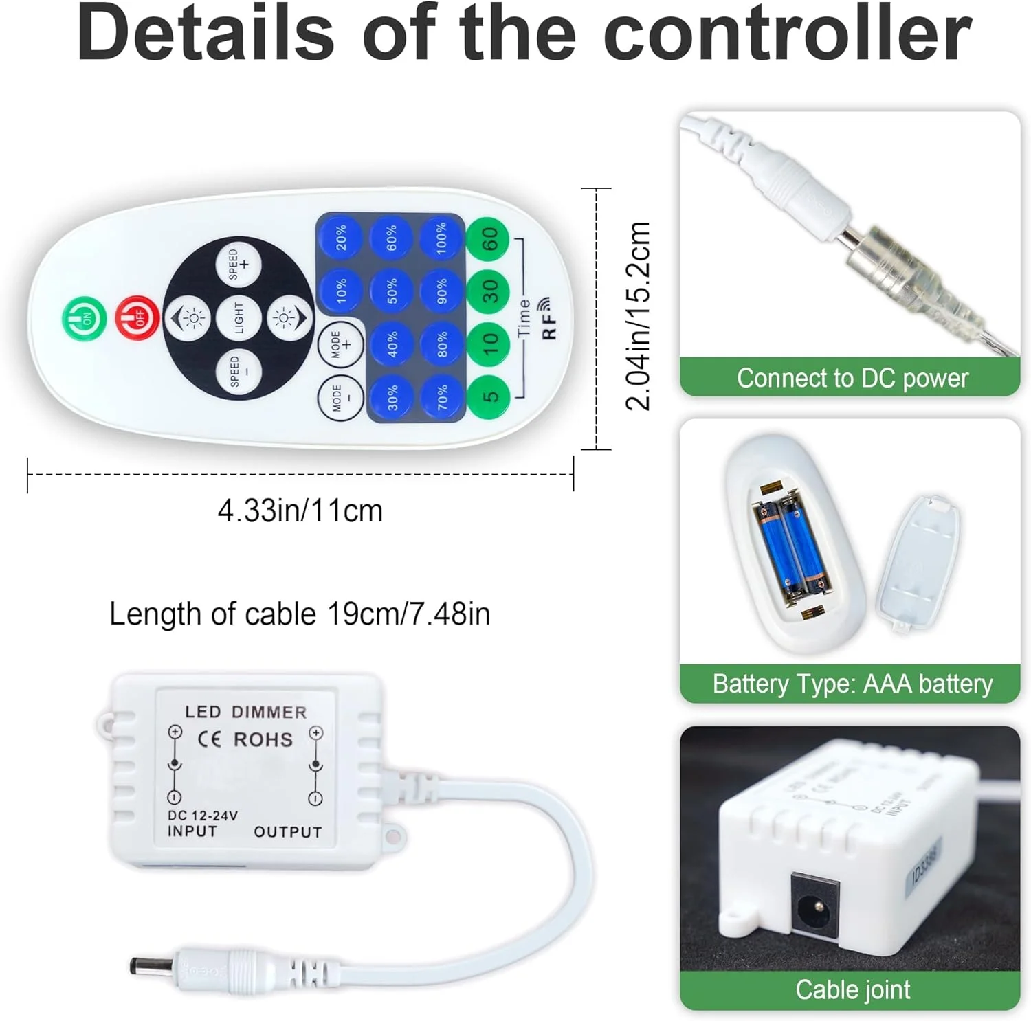 کنترلر دیمر LED با ولتاژ 12-24 ولت DC با حالت افکت پویا - دیمر RF با کنترل از راه دور برای نوارهای LED تک رنگ، روشنایی قابل تنظیم، مناسب برای اتاق ها، خانه ها، کابینت ها، علائم نئون