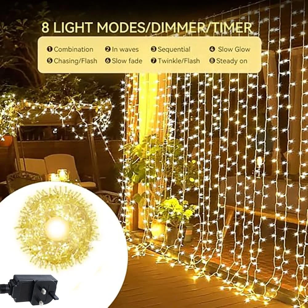 چراغ های ال ای دی رشته ای، 100 متر / 328 فوت / 1000 ال ای دی نور سفید گرم، چراغ های رشته ای مناسب فضای باز و داخلی، 8 حالت چراغ ال ای دی ضد آب با سیم مسی برای تزئینات باغ، خانه، مهمانی، عروسی و جشنواره