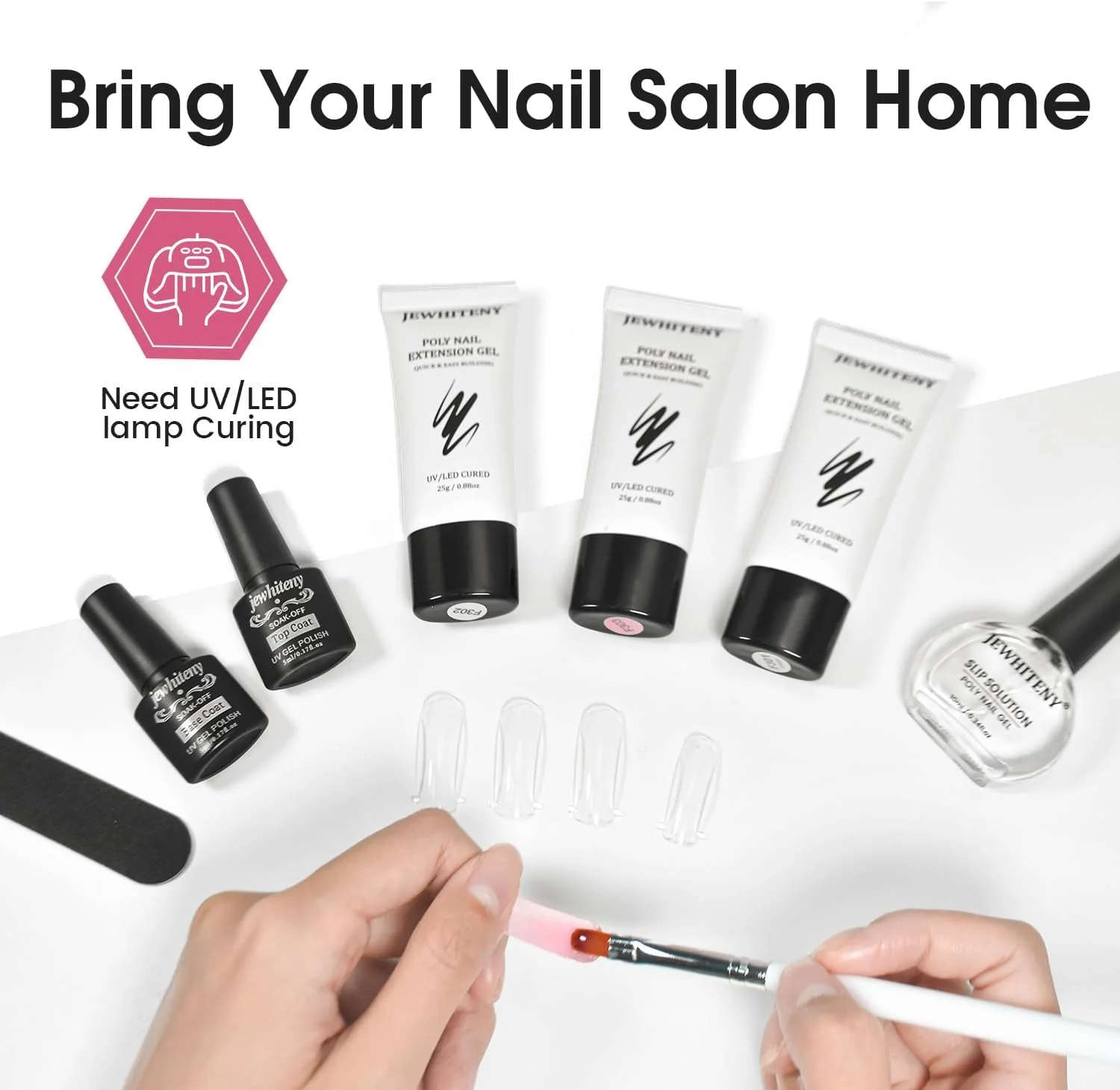 ست ژل پولی اکستنشن ناخن سفید صورتی شفاف JEWHITENY با بیس و تاپ کت برای طراحی ناخن و مانیکور فرانسوی DIY در خانه، نیاز به دستگاه UV دارد