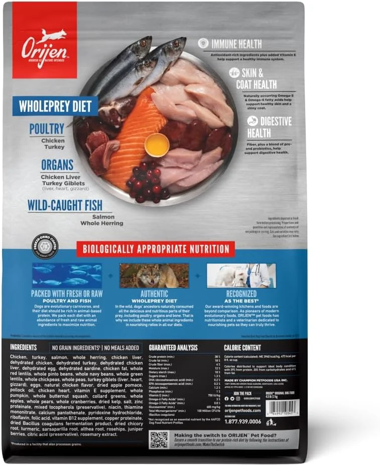 غذای خشک سگ اوریجن، طعم اصلی، 2 کیلوگرمی، غذای خشک بدون غلات و پروتئین بالا برای سگ، بسته بندی ممکن است متفاوت باشد