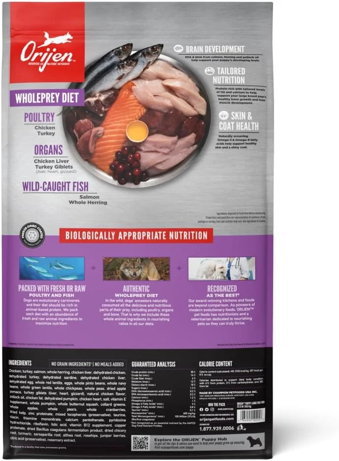 غذای خشک سگ نژاد بزرگ ORIJEN Puppy، بدون غلات، پروتئین بالا، مواد اولیه تازه و خام حیوانی، 25 پوند