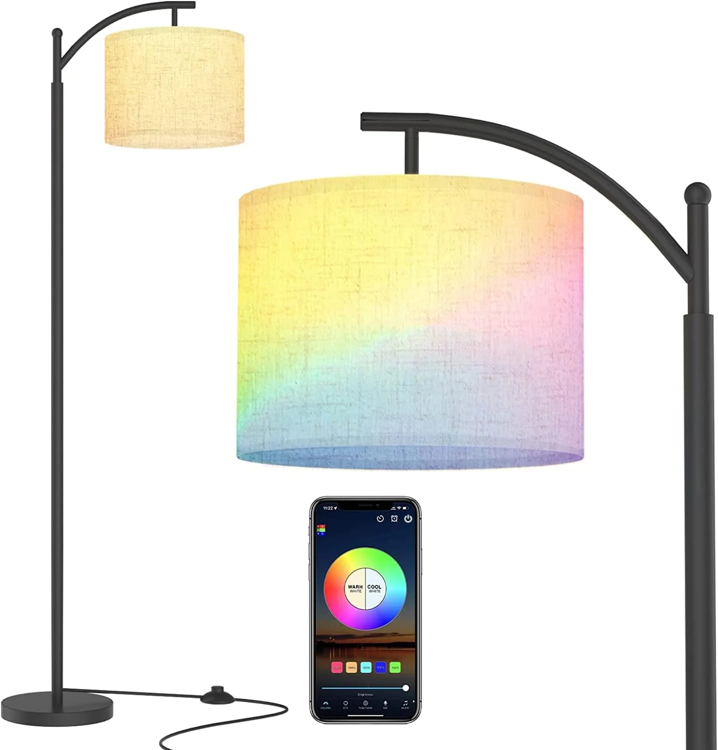 چراغ ایستاده RGB مدل TDOO مناسب اتاق نشیمن، آباژور مدرن کتان بژ/مشکی، میله قابل تنظیم ارتفاع 152 تا 185 سانتی متر، چراغ ایستاده بلند LED برای اتاق خواب و دفتر کار