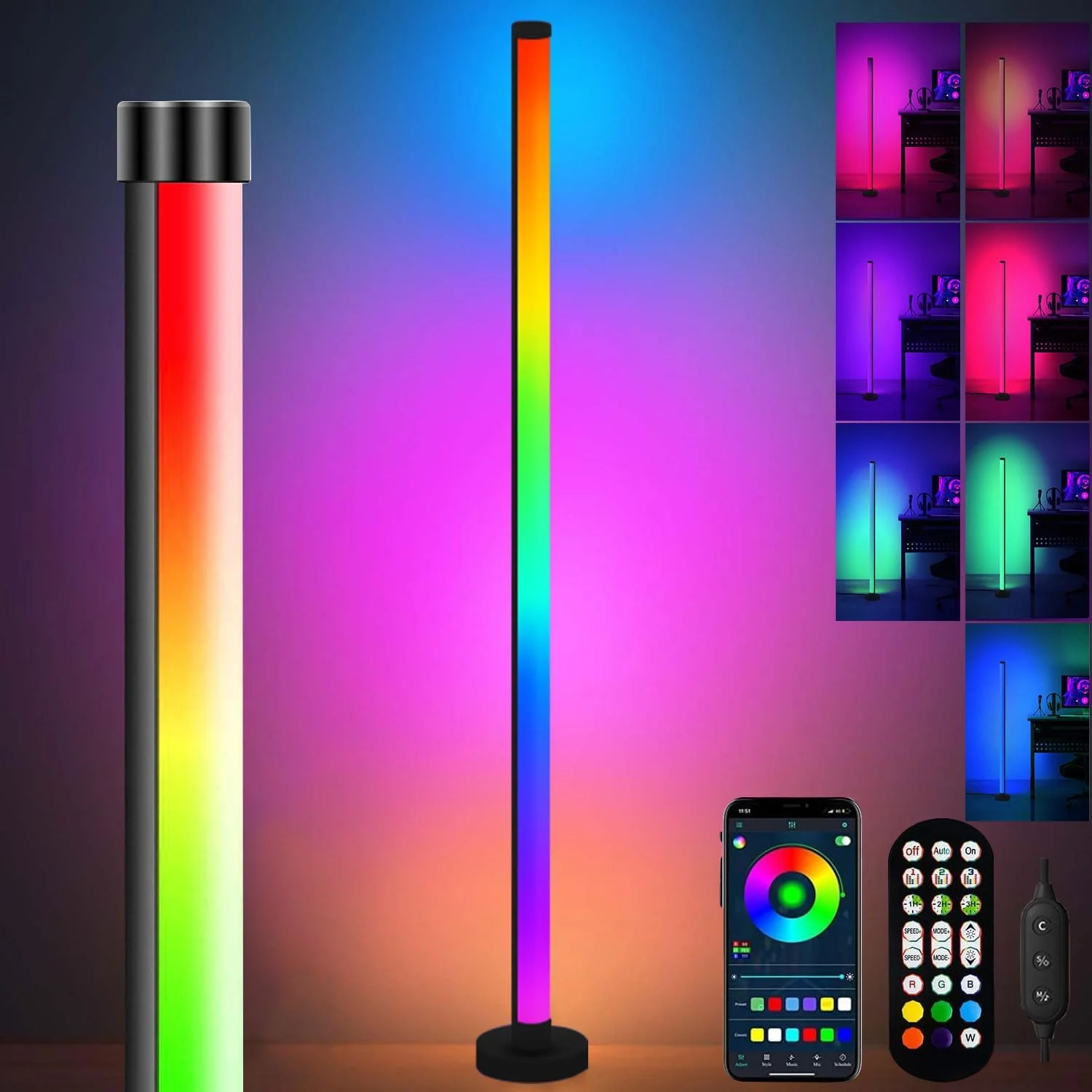 چراغ ایستاده ال ای دی Sunshine Smile، مدرن RGB دیمر پذیر، 16 میلیون رنگ، کنترل همگام سازی برنامه و موسیقی، چراغ گوشه اتاق نشیمن، جنس اکریلیک، چند رنگ