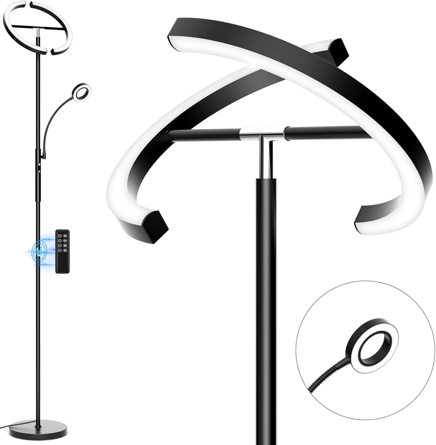 چراغ ایستاده LED سیبریل برای اتاق نشیمن - چراغ ایستاده مادر-دختری دیمر پذیر با کنترل از راه دور و لمسی، چراغ مطالعه ایستاده روشن 29 واتی، چراغ مدرن مشکی مناسب برای Q