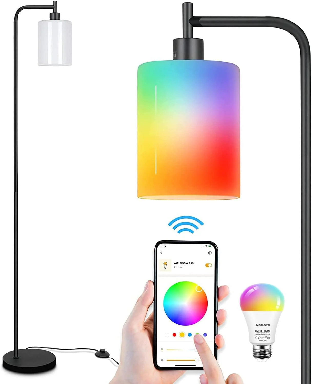 چراغ ایستاده صنعتی Redare، چراغ کف هوشمند LED با سایه شیشه ای یشم سفید، لامپ هوشمند WiFi E27 RGBW دیمر پذیر (گرم تا نور روز)، کنترل برنامه، چراغ ایستاده فلزی برای اتاق نشیمن، اتاق خواب، دفتر کار خانگی