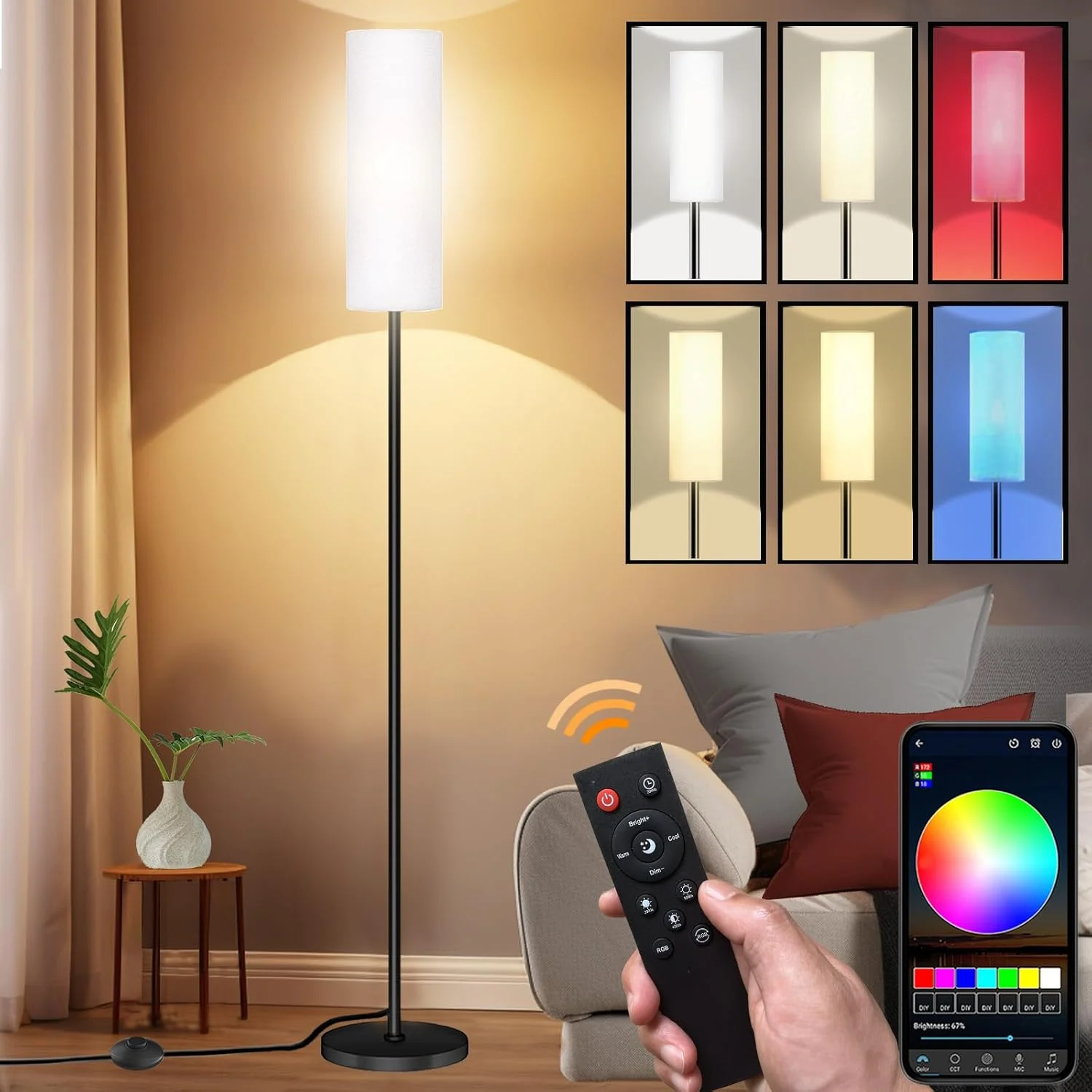 چراغ ایستاده هوشمند LED Qaubauyt با کنترل برنامه و رنگ های RGB - چراغ ایستاده دیمر پذیر برای اتاق نشیمن، اتاق خواب، بازی - دارای ریموت، تایمر، لامپ 9 واتی، چراغ بلند مدرن 67 اینچی (سفید)