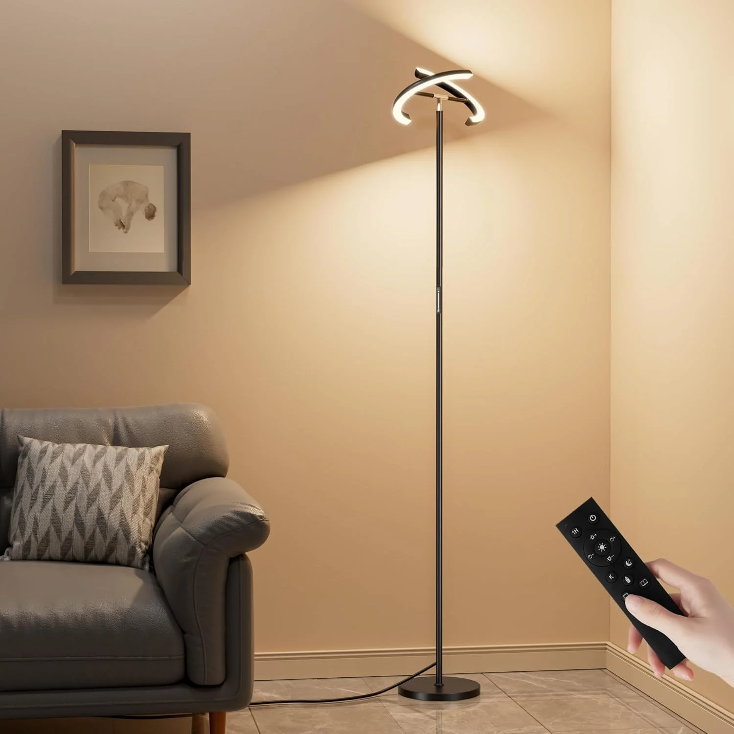 چراغ ایستاده برای اتاق نشیمن، چراغ LED چرخشی 40 وات/2400 لومن با کنترل لمسی و از راه دور، چراغ ایستاده بلند 70 اینچی با قابلیت تنظیم نور، چراغ گوشه ای مدرن برای اتاق خواب، دفتر کار