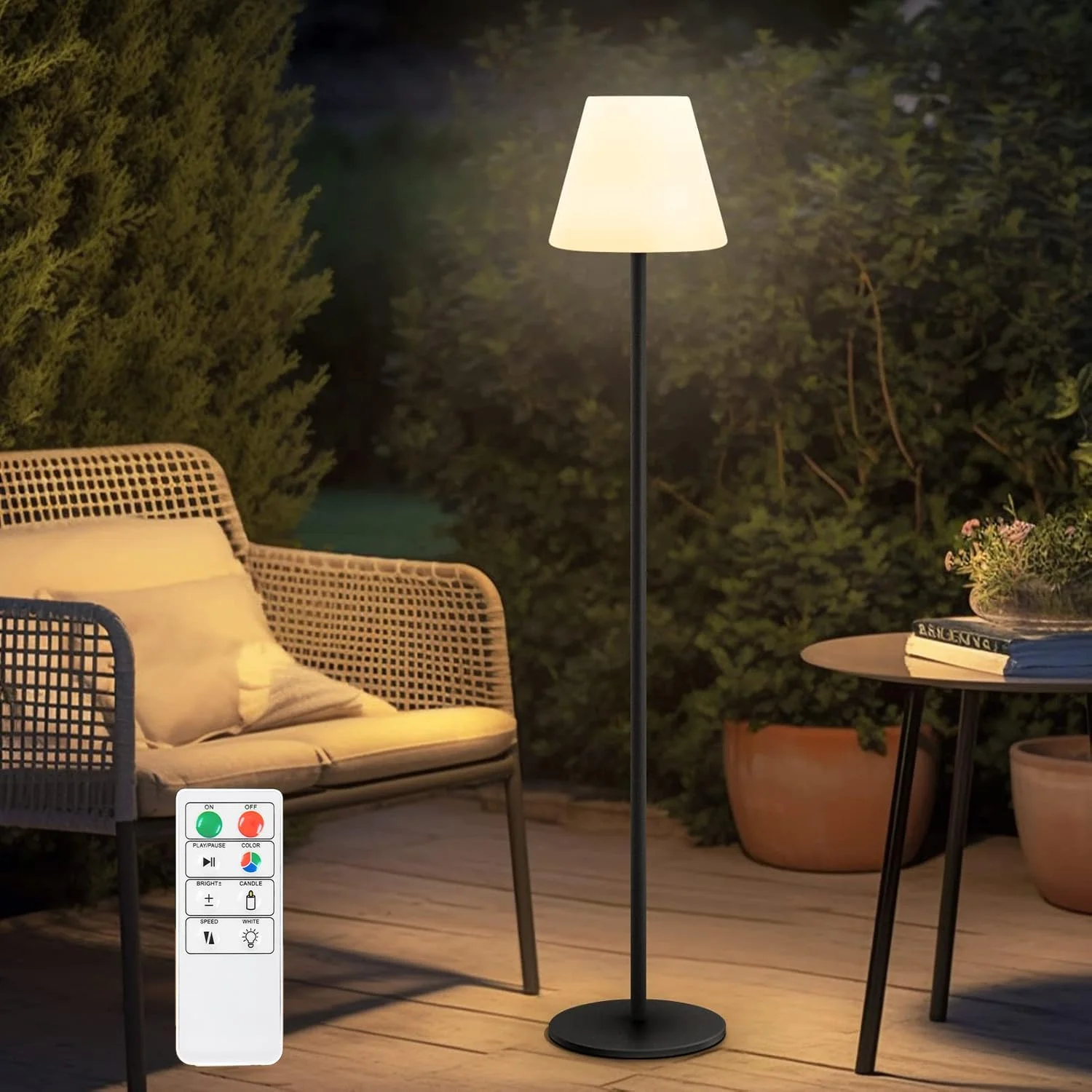 چراغ ایستاده خورشیدی MALUX مناسب فضای باز با LED سفید گرم RGB 8 رنگ، قابل شارژ از طریق USB، ضد آب IP44 برای دکوراسیون داخلی و خارجی باغ، پاسیو، بالکن، ارتفاع 150 سانتی متر، رنگ مشکی