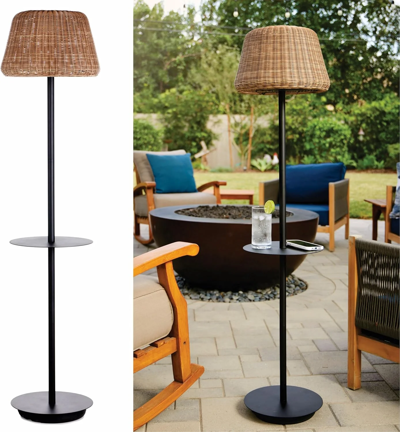 چراغ ایستاده خورشیدی فضای باز B&R Lighting به همراه میز - چراغ ایستاده بدون سیم برای فضای باز - پاسیو، ایوان، باغ - چراغ های حصیری راتان برای فضای بیرون - ضد آب، قابل شارژ، مقاوم در برابر آب و هوا