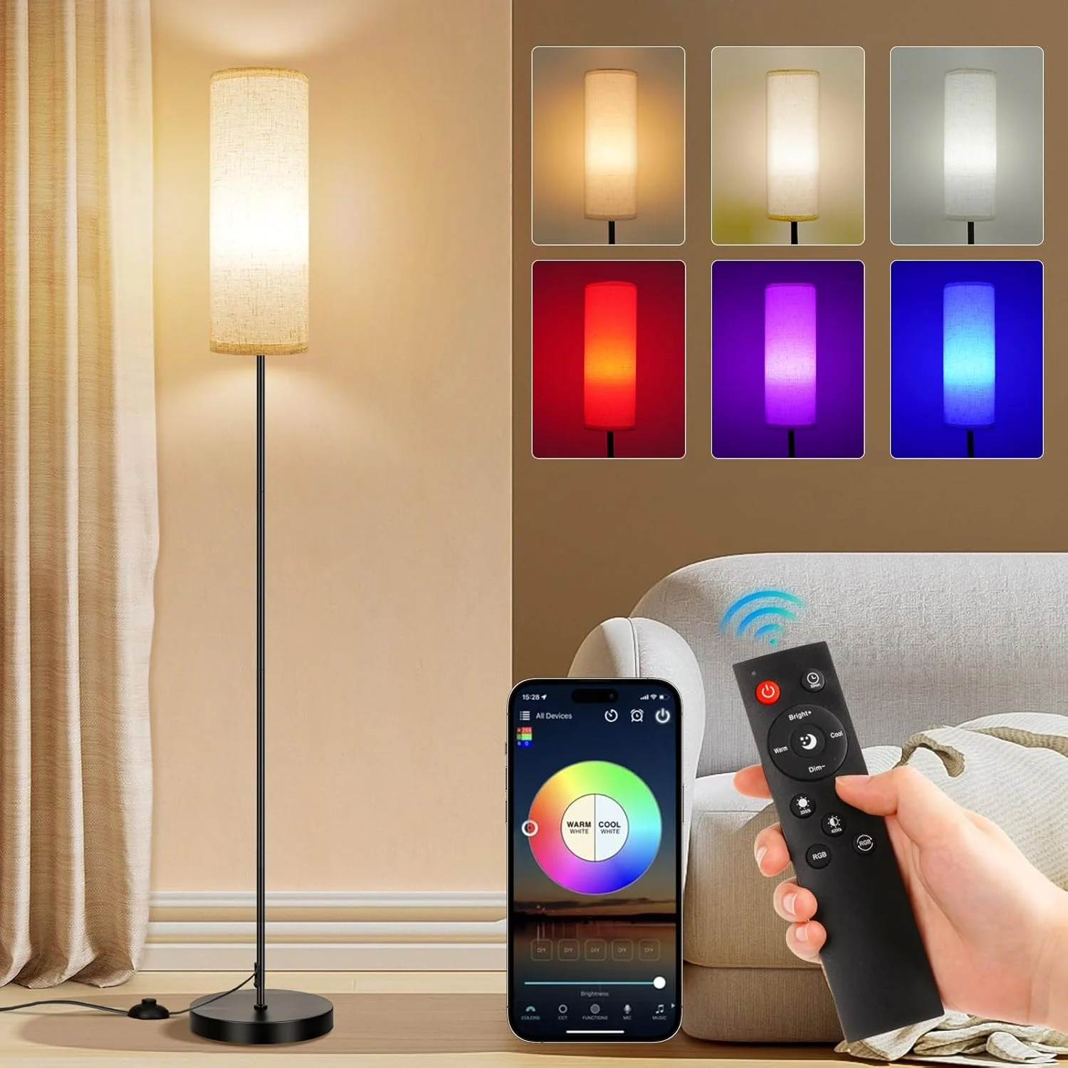 چراغ ایستاده FRIDEKO HOME برای اتاق نشیمن، 3 رنگ قابل تنظیم، چراغ ایستاده مدرن با کنترل از راه دور، چراغ های بلند ایستاده برای اتاق نشیمن، اتاق خواب، گوشه دفتر
