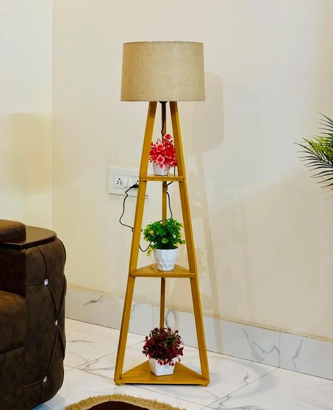 چراغ ایستاده سه پایه چوبی عتیقه F N Finautica با کلاهک استوانه ای کنفی برای اتاق نشیمن، دکوراسیون منزل، بسته 1 عددی
