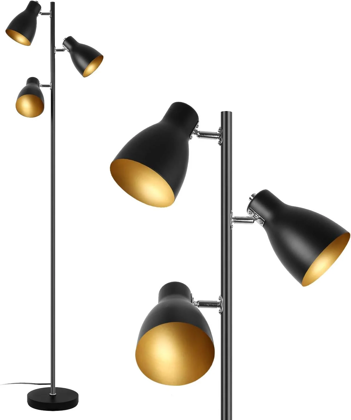 چراغ ایستاده سه شاخه Eusamxon با قابلیت چرخش برای اتاق نشیمن، چراغ ایستاده صنعتی رترو مشکی-طلایی قابل تنظیم برای مطالعه | سرپیچ E27 حداکثر 25 وات * 3 | 166 سانتی متر