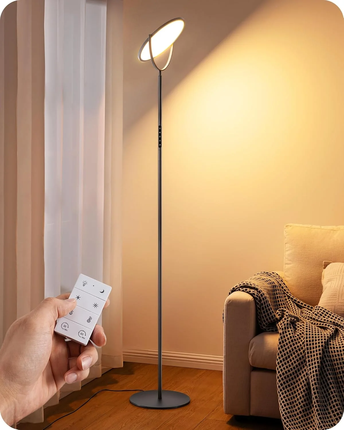 چراغ ایستاده بلند EDISHINE با ارتفاع 76 اینچ، چراغ های LED روشن 28 وات 2500 لومن برای اتاق نشیمن، چراغ های مطالعه با سر انعطاف پذیر 300 درجه با کنترل از راه دور، چراغ گوشه ای مینیمالیستی قابل تنظیم 2700K-6500K برای اتاق خواب و دفتر کار، مشکی