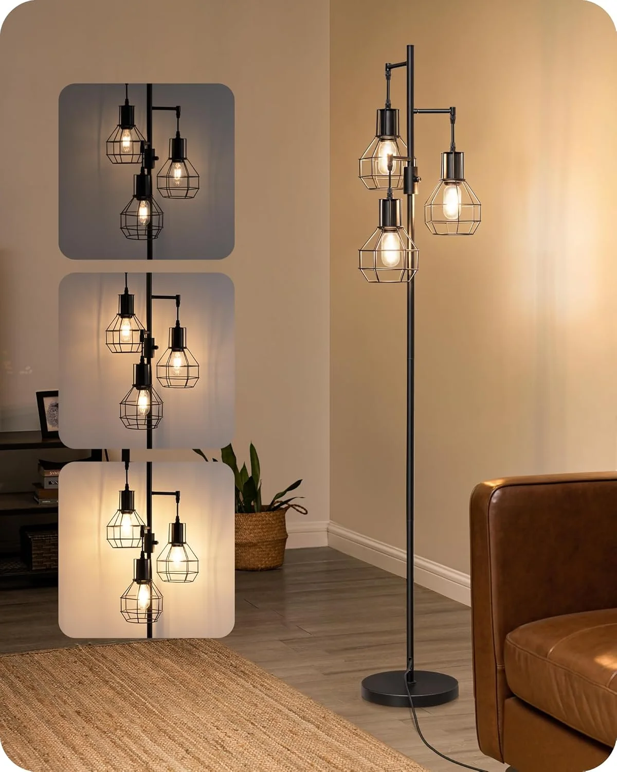 چراغ ایستاده دیمرپذیر ادیشاین، چراغ صنعتی مناسب اتاق نشیمن، دارای 3 لامپ ادیسونی LED، چراغ مطالعه بلند مشکی گوشه ای روستایی، دکوراسیون منزل برای اتاق خواب، دفتر کار