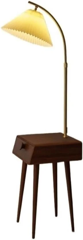 چراغ ایستاده مدرن با قفسه ذخیره سازی کشو، چراغ پایه بلند رترو، مناسب برای اتاق نشیمن، اتاق خواب و دفاتر (گردویی)