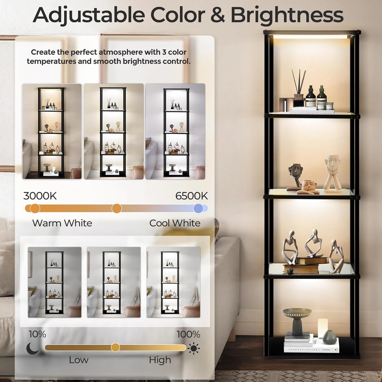 چراغ ایستاده قفسه دار بلند، چراغ LED دیمر دار با 3 دمای رنگ، قفسه کتابخانه شیشه ای محکم با کنترل از راه دور، چراغ ایستاده با قفسه برای دکور اتاق نشیمن، کلکسیون (مشکی) چراغ ایستاده قفسه دار بلند، چراغ LED دیمر دار با 3 دمای رنگ، قفسه کتابخانه شیشه ای محکم با کنترل از راه دور، چراغ ایستاده با قفسه برای دکور اتاق نشیمن، کلکسیون (مشکی)