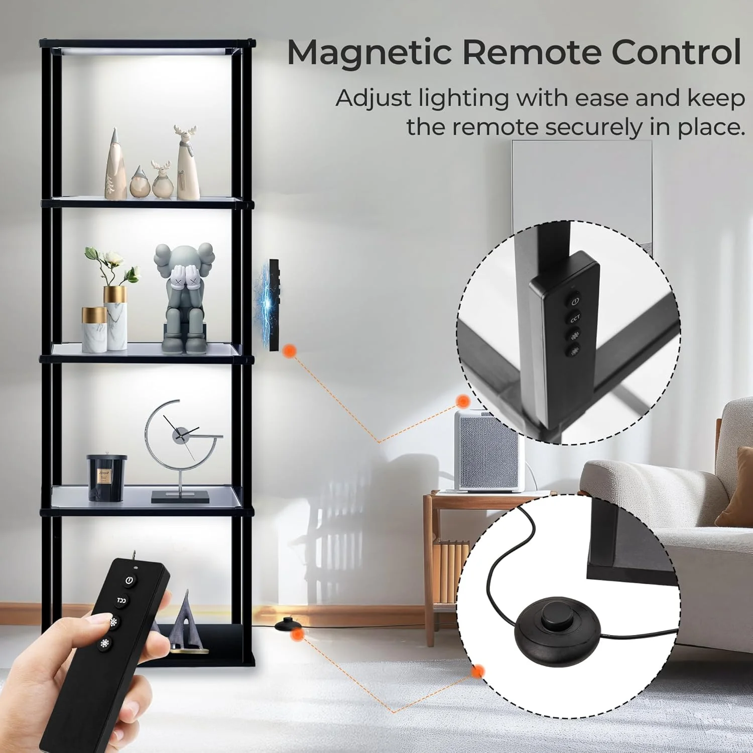 چراغ ایستاده قفسه دار بلند، چراغ LED دیمر دار با 3 دمای رنگ، قفسه کتابخانه شیشه ای محکم با کنترل از راه دور، چراغ ایستاده با قفسه برای دکور اتاق نشیمن، کلکسیون (مشکی) چراغ ایستاده قفسه دار بلند، چراغ LED دیمر دار با 3 دمای رنگ، قفسه کتابخانه شیشه ای محکم با کنترل از راه دور، چراغ ایستاده با قفسه برای دکور اتاق نشیمن، کلکسیون (مشکی)