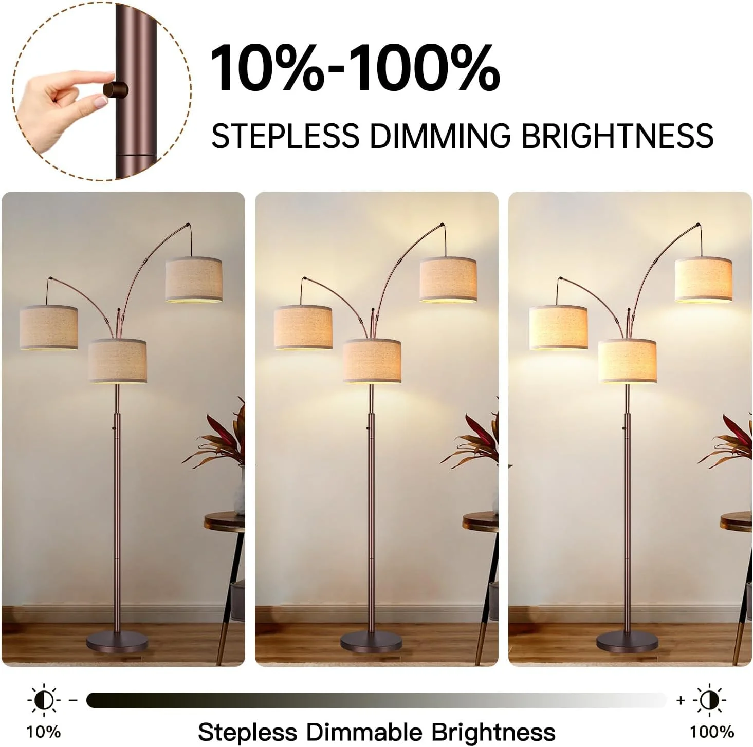 چراغ ایستاده دیمردار، 3 نور قوس قهوه ای برای اتاق نشیمن، چراغ درختی مدرن بلند با سایه پارچه ای کتانی بژ و پایه سنگین، چراغ ایستاده بزرگ برای اتاق خواب و دفتر کار چراغ ایستاده دیمردار، 3 نور قوس قهوه ای برای اتاق نشیمن، چراغ درختی مدرن بلند با سایه پارچه ای کتانی بژ و پایه سنگین، چراغ ایستاده بزرگ برای اتاق خواب و دفتر کار