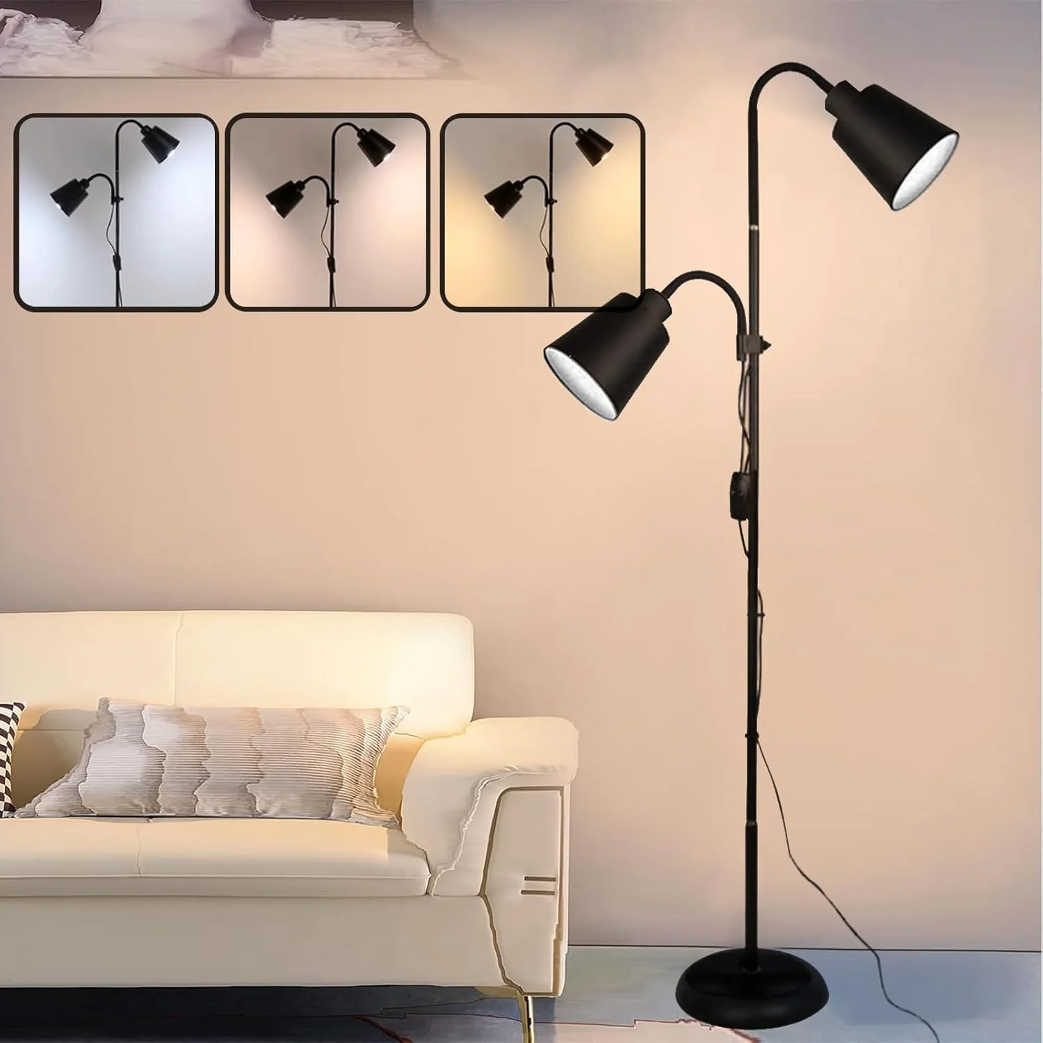 چراغ ایستاده با قابلیت تغییر 3 رنگ، چراغ کنار تخت با کنترل مستقل دوگانه، چراغ مطالعه گردن غازی قابل تنظیم، چراغ گوشه - 2 لامپ ال ای دی چراغ ایستاده با قابلیت تغییر 3 رنگ، چراغ کنار تخت با کنترل مستقل دوگانه، چراغ مطالعه گردن غازی قابل تنظیم، چراغ گوشه - 2 لامپ ال ای دی