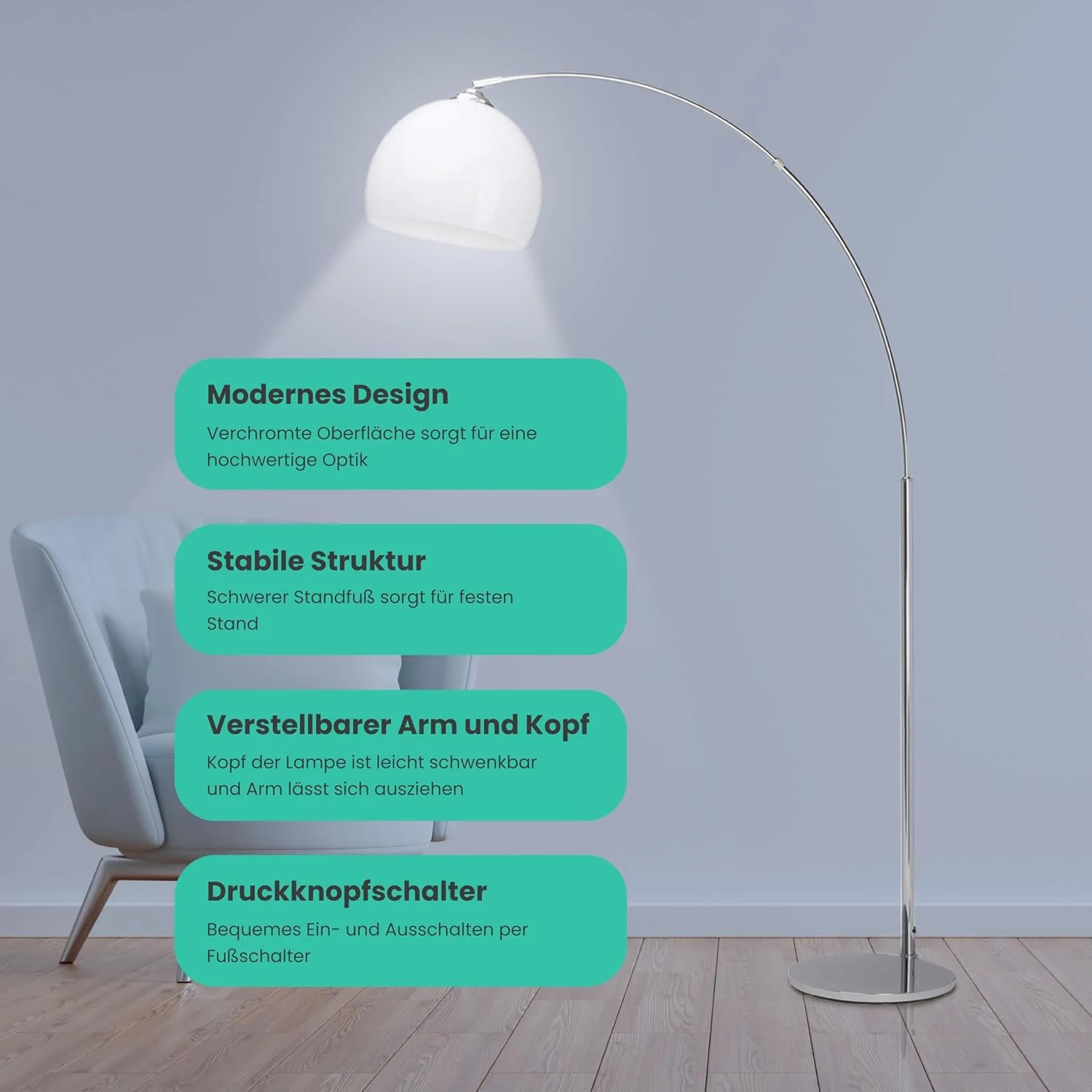 چراغ ایستاده کمانی BRILLIANT Vessa ارتفاع 1.7 متر کروم/سفید | 1x A60, E27, 60W، مناسب برای لامپ های استاندارد (شامل نمی شود) | مقیاس A ++ تا E | با پدال چراغ ایستاده کمانی BRILLIANT Vessa ارتفاع 1.7 متر کروم/سفید | 1x A60, E27, 60W، مناسب برای لامپ های استاندارد (شامل نمی شود) | مقیاس A ++ تا E | با پدال