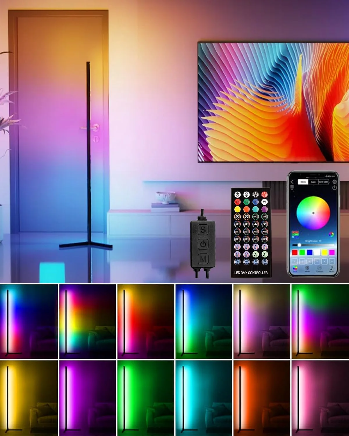 چراغ ایستاده گوشه ای ال ای دی 160 سانتی متری BrightArk، چراغ کف هوشمند RGB، چراغ ایستاده RGB دیمر شونده با عملکرد تغییر رنگ همگام سازی موسیقی، نورپردازی 3 طرفه، 16 میلیون رنگ، با برنامه APP و کنترل از راه دور چراغ ایستاده گوشه ای ال ای دی 160 سانتی متری BrightArk، چراغ کف هوشمند RGB، چراغ ایستاده RGB دیمر شونده با عملکرد تغییر رنگ همگام سازی موسیقی، نورپردازی 3 طرفه، 16 میلیون رنگ، با برنامه APP و کنترل از راه دور