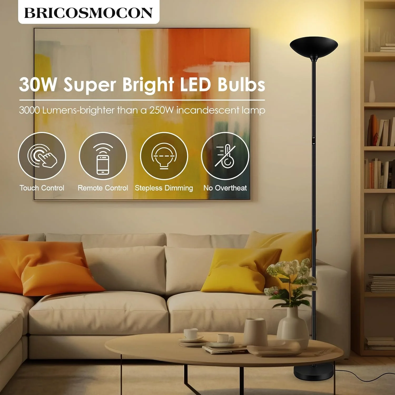 چراغ ایستاده با قابلیت تنظیم نور پیوسته، چراغ‌های ایستاده LED فوق العاده روشن 30 وات 3000 لومن با کنترل از راه دور و لمسی، 180 سانتی متر، چراغ ایستاده مدرن برای اتاق نشیمن، اتاق خواب، دفتر کار، 2700k-6500k، مشکی