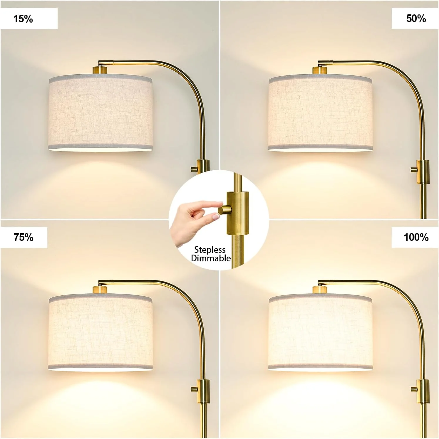 چراغ ایستاده کمانی برنجی - LED دیمرپذیر با سایه سفید برای اتاق نشیمن، اتاق خواب، دفتر و موارد دیگر چراغ ایستاده کمانی برنجی - LED دیمرپذیر با سایه سفید برای اتاق نشیمن، اتاق خواب، دفتر و موارد دیگر