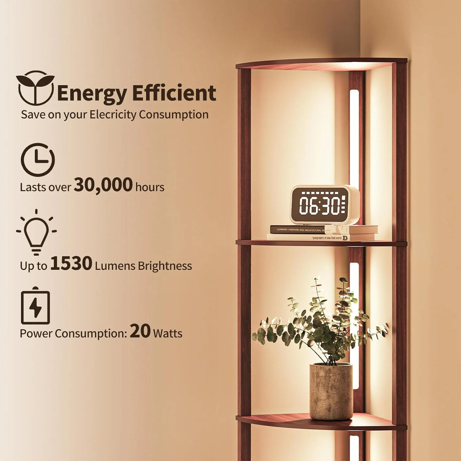 چراغ ایستاده قفسه دار BESTY HOME به عنوان چراغ گوشه ای برای اتاق نشیمن با قفسه با طراحی مینیمالیستی چراغ LED برای دکوراسیون منزل و محل کار با چوب جامد واقعی با چراغ برای اتاق خواب (چهارگانه، قهوه ای تیره)
