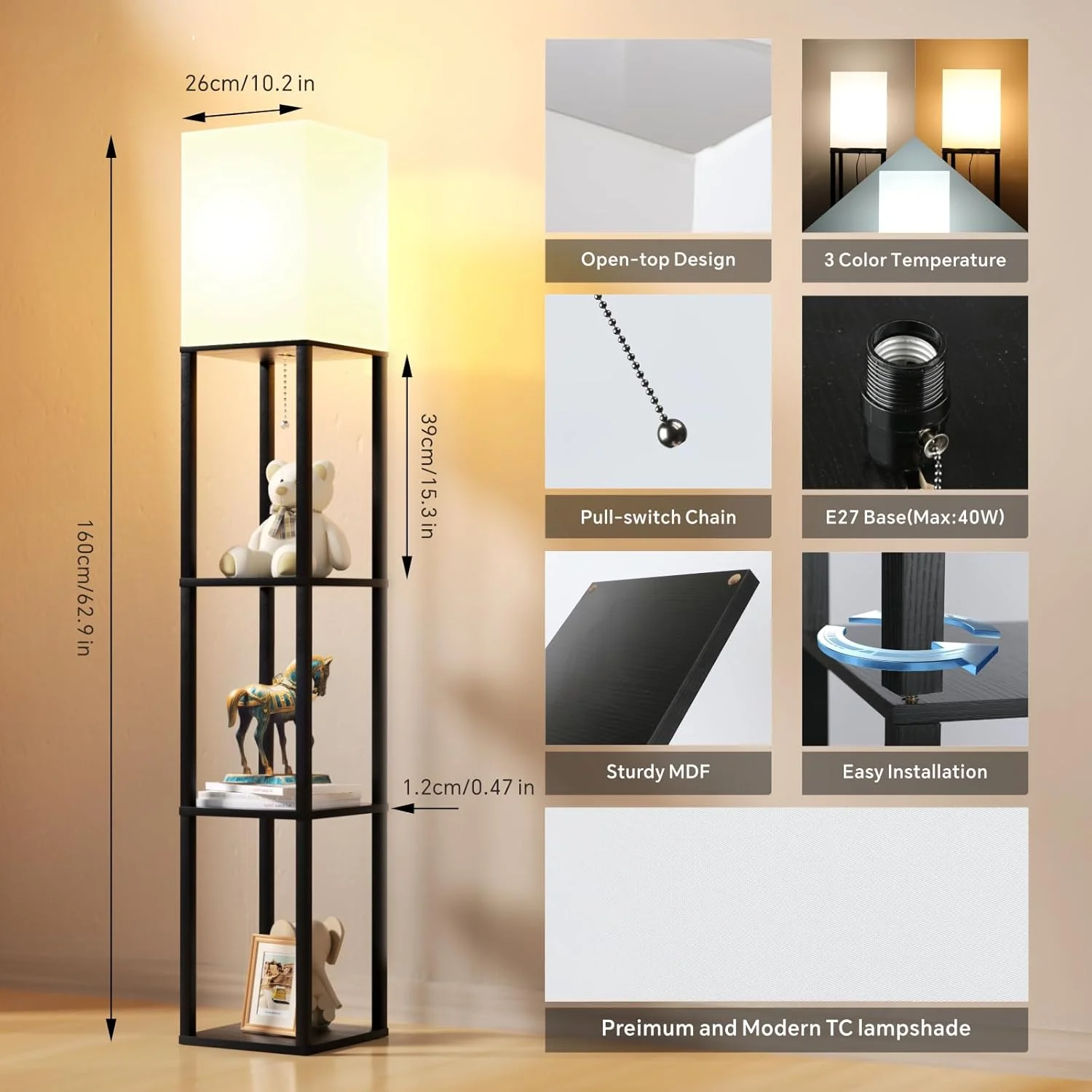 چراغ ایستاده Baytion، چراغ ایستاده نمایشگر با لامپ سه دمایی و آباژور، چراغ ایستاده بلند با پایه E27 برای اتاق نشیمن، اتاق خواب، دفتر کار، بالکن (مشکی شیک) چراغ ایستاده Baytion، چراغ ایستاده نمایشگر با لامپ سه دمایی و آباژور، چراغ ایستاده بلند با پایه E27 برای اتاق نشیمن، اتاق خواب، دفتر کار، بالکن (مشکی شیک)