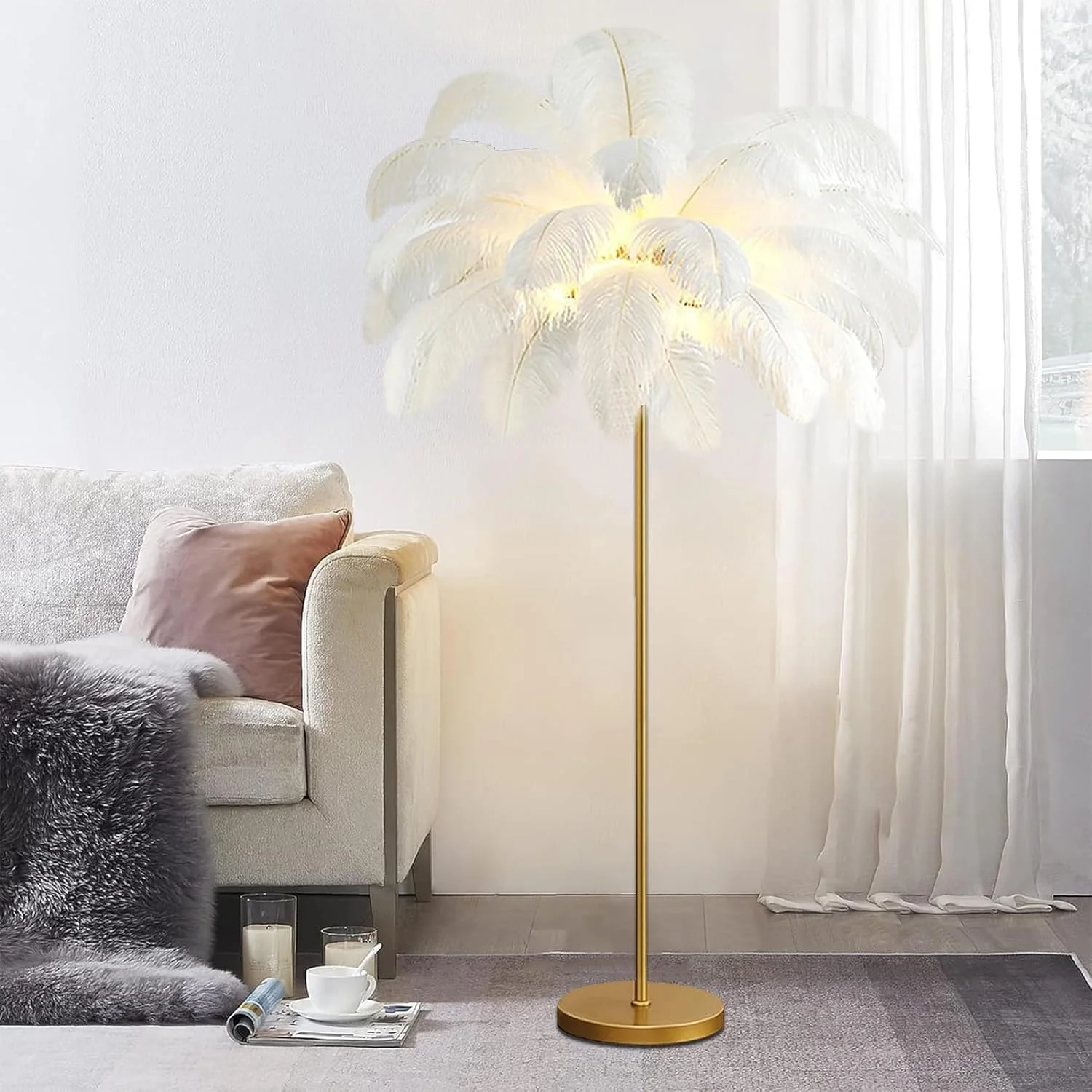 آباژور ایستاده پر شترمرغی AZMANI برای اتاق نشیمن، چراغ ایستاده با پر شترمرغ طبیعی با کلید پایی، ارتفاع 160 سانتی متر، سفید، بزرگ آباژور ایستاده پر شترمرغی AZMANI برای اتاق نشیمن، چراغ ایستاده با پر شترمرغ طبیعی با کلید پایی، ارتفاع 160 سانتی متر، سفید، بزرگ