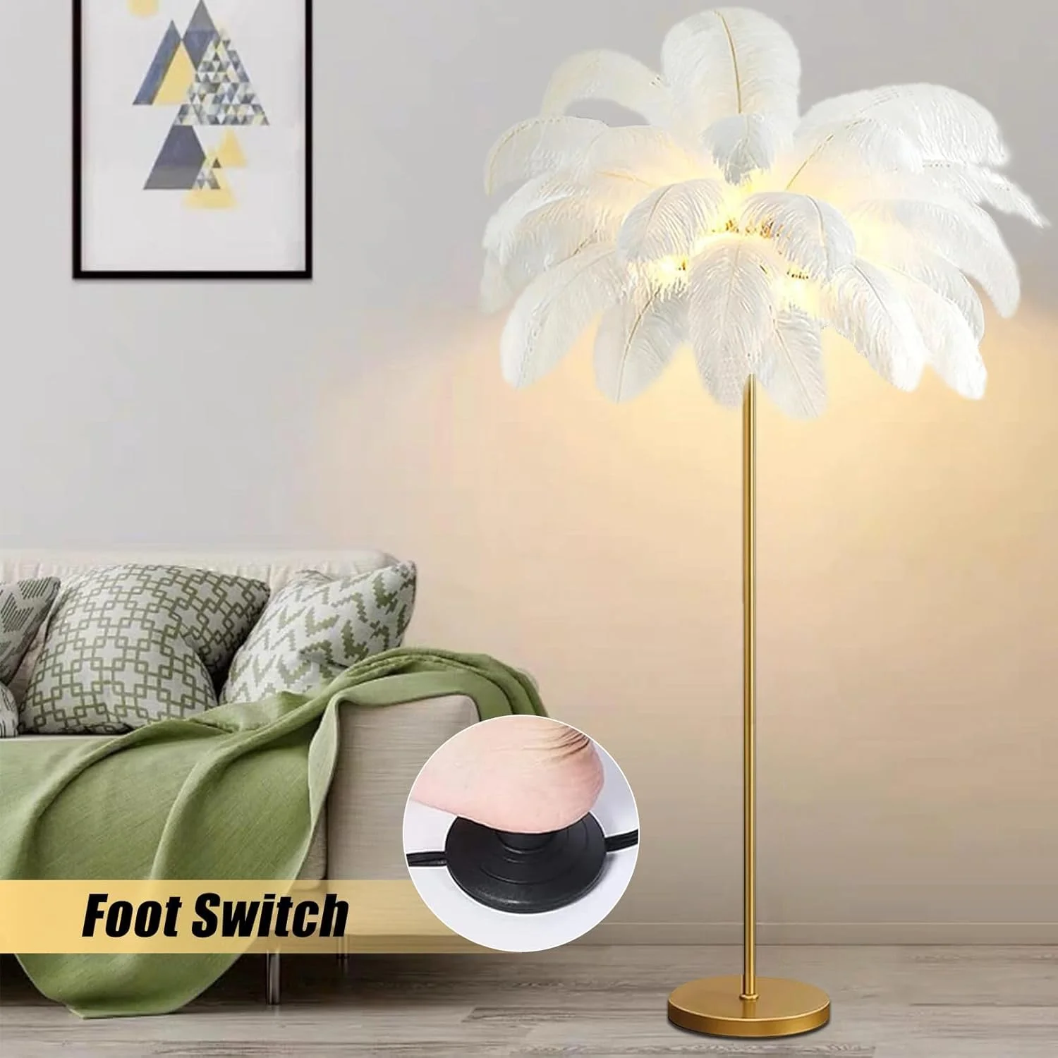 آباژور ایستاده پر شترمرغی AZMANI برای اتاق نشیمن، چراغ ایستاده با پر شترمرغ طبیعی با کلید پایی، ارتفاع 160 سانتی متر، سفید، بزرگ آباژور ایستاده پر شترمرغی AZMANI برای اتاق نشیمن، چراغ ایستاده با پر شترمرغ طبیعی با کلید پایی، ارتفاع 160 سانتی متر، سفید، بزرگ