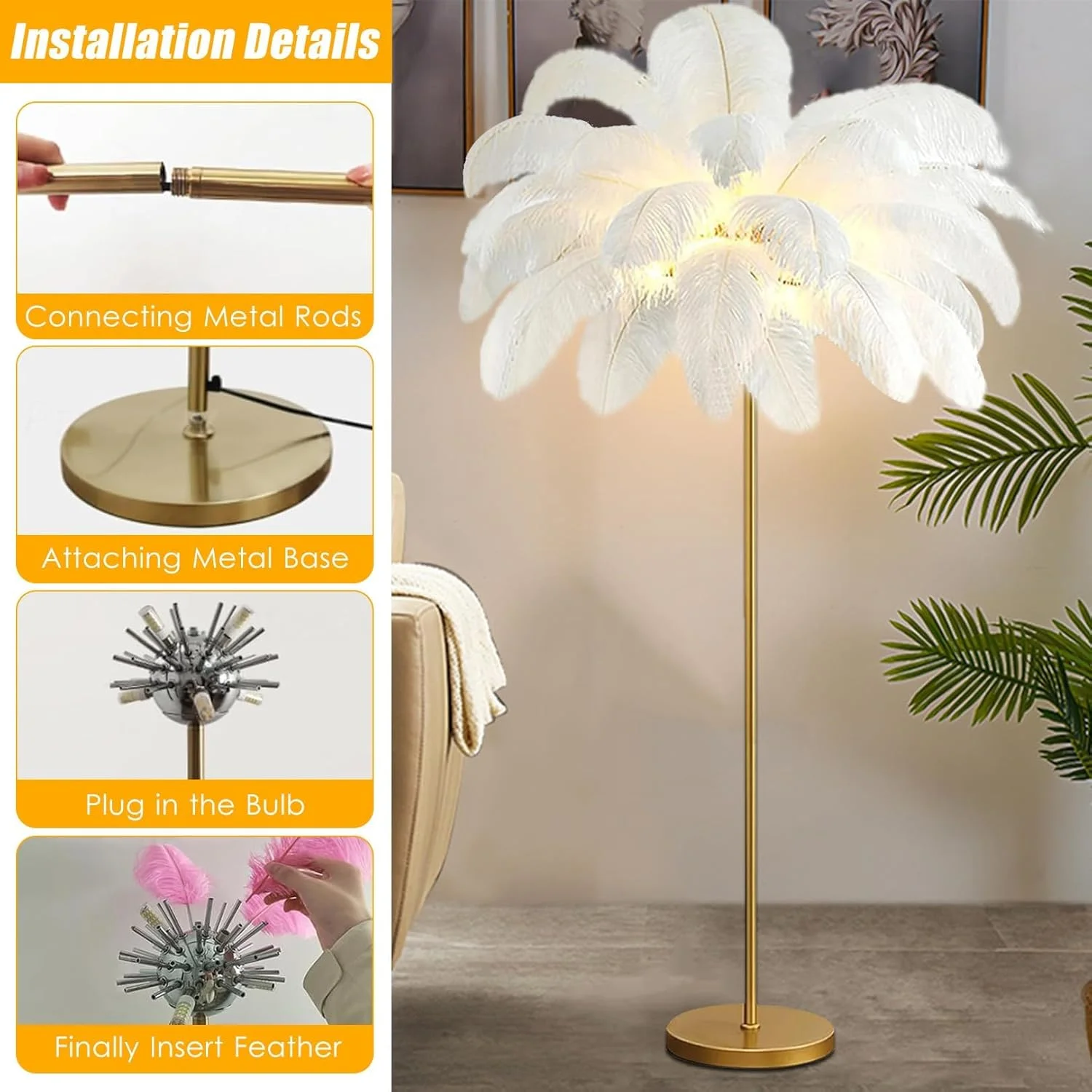 آباژور ایستاده پر شترمرغی AZMANI برای اتاق نشیمن، چراغ ایستاده با پر شترمرغ طبیعی با کلید پایی، ارتفاع 160 سانتی متر، سفید، بزرگ آباژور ایستاده پر شترمرغی AZMANI برای اتاق نشیمن، چراغ ایستاده با پر شترمرغ طبیعی با کلید پایی، ارتفاع 160 سانتی متر، سفید، بزرگ