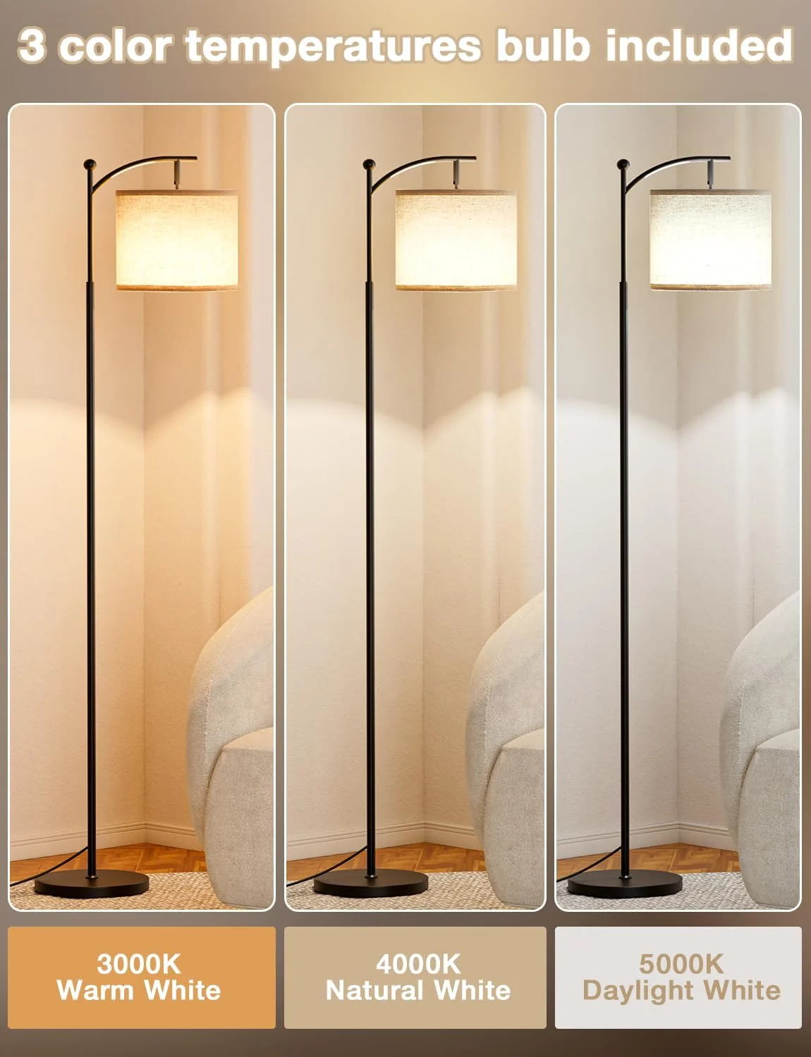 آباژور ایستاده Ambimall برای اتاق نشیمن با 3 دمای رنگ، چراغ ایستاده بلند با سایه پارچه ای کتانی قابل تنظیم، چراغ های بلند برای اتاق نشیمن، اتاق خواب، دفتر، کلاس درس، اتاق خوابگاه، شامل لامپ 9 واتی آباژور ایستاده Ambimall برای اتاق نشیمن با 3 دمای رنگ، چراغ ایستاده بلند با سایه پارچه ای کتانی قابل تنظیم، چراغ های بلند برای اتاق نشیمن، اتاق خواب، دفتر، کلاس درس، اتاق خوابگاه، شامل لامپ 9 واتی