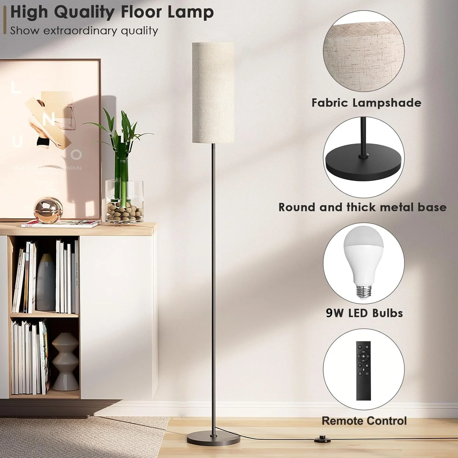 چراغ ایستاده آمیناک برای اتاق نشیمن - چراغ کف مدرن ایستاده با کنترل از راه دور، چراغ اتاق خواب LED برای هتل مطالعه، 4 دمای رنگ قابل تنظیم، سایه پارچه ای مشکی چراغ ایستاده آمیناک برای اتاق نشیمن - چراغ کف مدرن ایستاده با کنترل از راه دور، چراغ اتاق خواب LED برای هتل مطالعه، 4 دمای رنگ قابل تنظیم، سایه پارچه ای مشکی