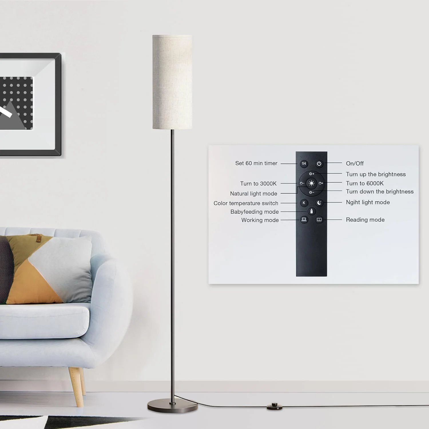چراغ ایستاده آمیناک برای اتاق نشیمن - چراغ کف مدرن ایستاده با کنترل از راه دور، چراغ اتاق خواب LED برای هتل مطالعه، 4 دمای رنگ قابل تنظیم، سایه پارچه ای مشکی چراغ ایستاده آمیناک برای اتاق نشیمن - چراغ کف مدرن ایستاده با کنترل از راه دور، چراغ اتاق خواب LED برای هتل مطالعه، 4 دمای رنگ قابل تنظیم، سایه پارچه ای مشکی
