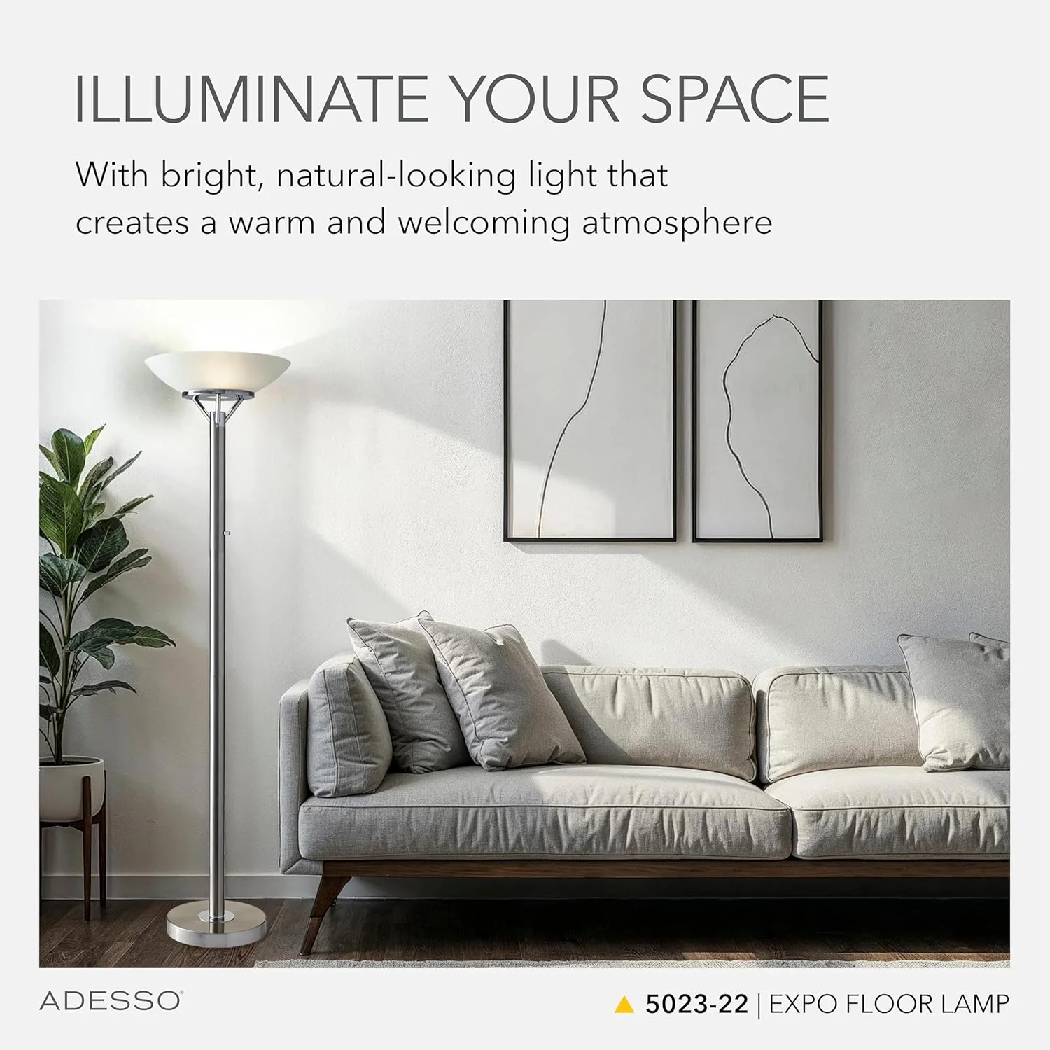 چراغ ایستاده انتقالی Adesso Home 5023-22 از مجموعه Expo با روکش دو رنگ، فولاد برس خورده با لهجه های کرومی