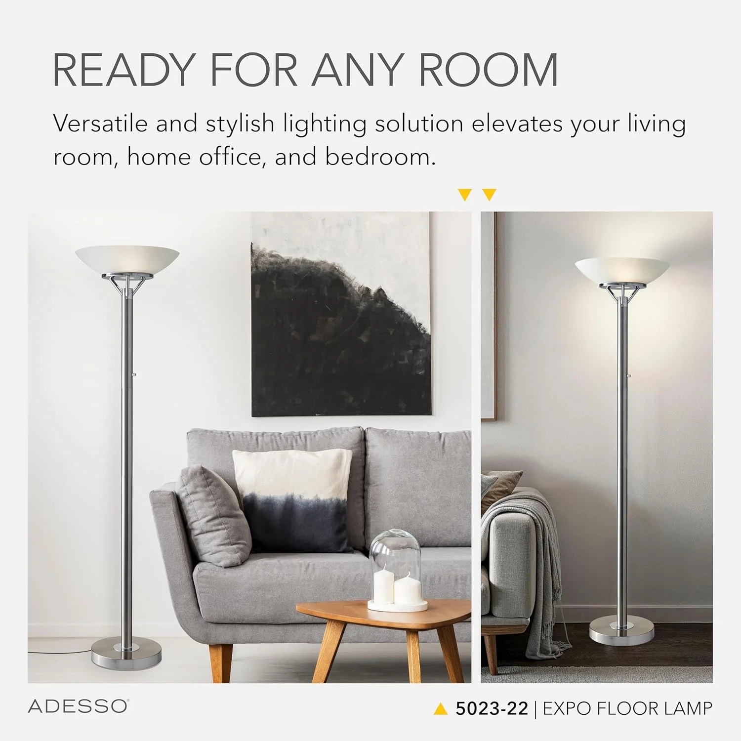 چراغ ایستاده انتقالی Adesso Home 5023-22 از مجموعه Expo با روکش دو رنگ، فولاد برس خورده با لهجه های کرومی