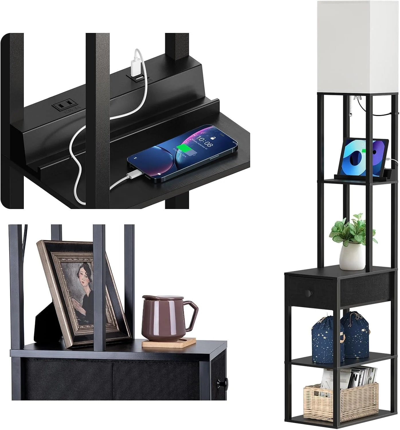 چراغ ایستاده addlon با 2 پورت USB، 1 پریز برق و کشو، لامپ LED با 3 دمای رنگ (9 وات)، چراغ کنار مبلی با آباژور سفید، چراغ ایستاده نمایشگر با قفسه برای اتاق نشیمن، اتاق خواب و دفتر کار - مشکی چراغ ایستاده addlon با 2 پورت USB، 1 پریز برق و کشو، لامپ LED با 3 دمای رنگ (9 وات)، چراغ کنار مبلی با آباژور سفید، چراغ ایستاده نمایشگر با قفسه برای اتاق نشیمن، اتاق خواب و دفتر کار - مشکی