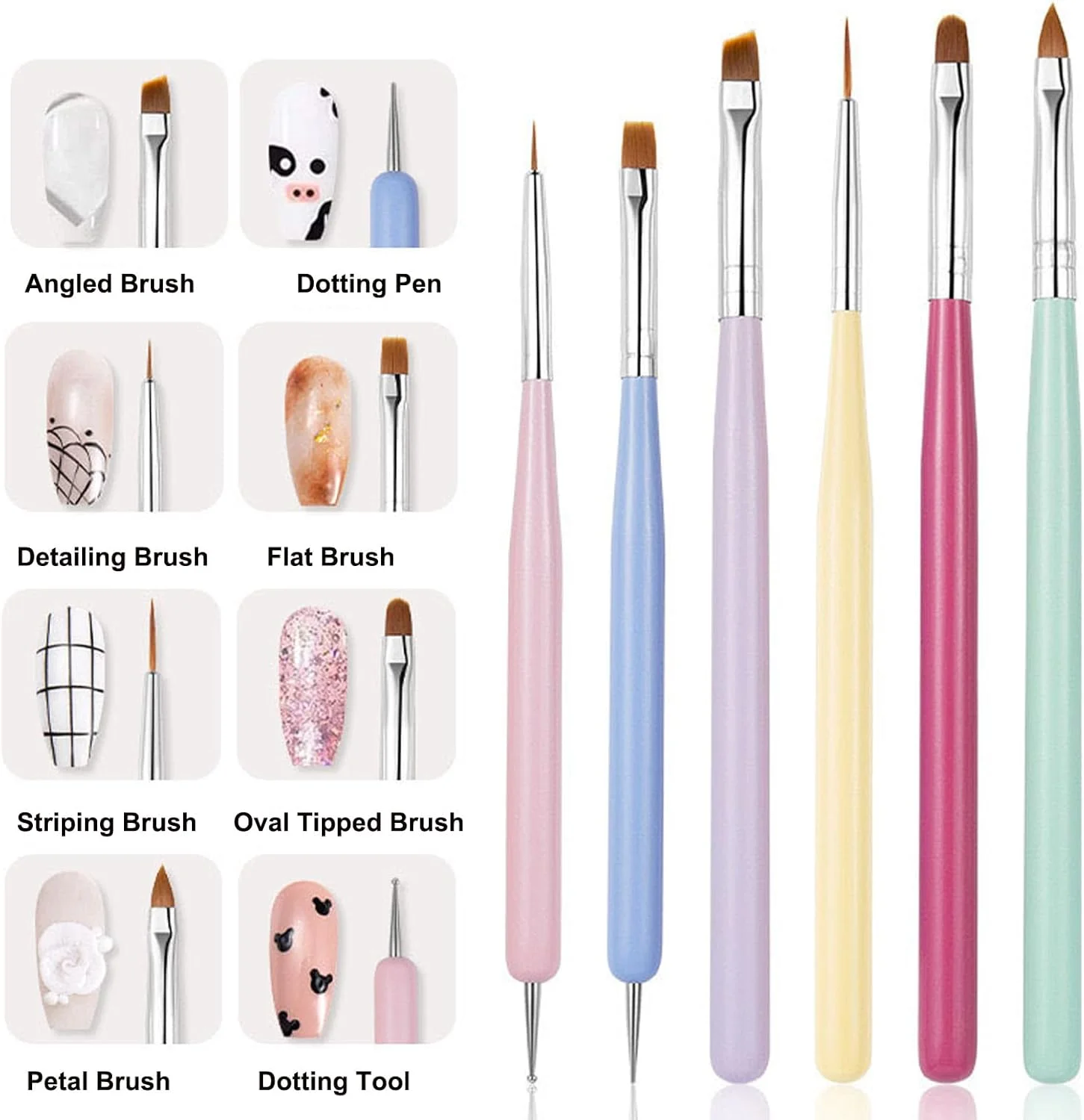 ست قلم موی طراحی ناخن، 6 تکه ابزار قلم موی لاک ناخن، قلم موی ژل اکستنشن، قلم موی خط ناخن، قلم موی تخت گلبرگ، قلم موی سازنده، قلم نقطه گذاری، ابزار نقاشی ناخن با پولک های اکلیلی قلبی برای طراحی ناخن ژل/اکریلیک ست قلم موی طراحی ناخن، 6 تکه ابزار قلم موی لاک ناخن، قلم موی ژل اکستنشن، قلم موی خط ناخن، قلم موی تخت گلبرگ، قلم موی سازنده، قلم نقطه گذاری، ابزار نقاشی ناخن با پولک های اکلیلی قلبی برای طراحی ناخن ژل/اکریلیک