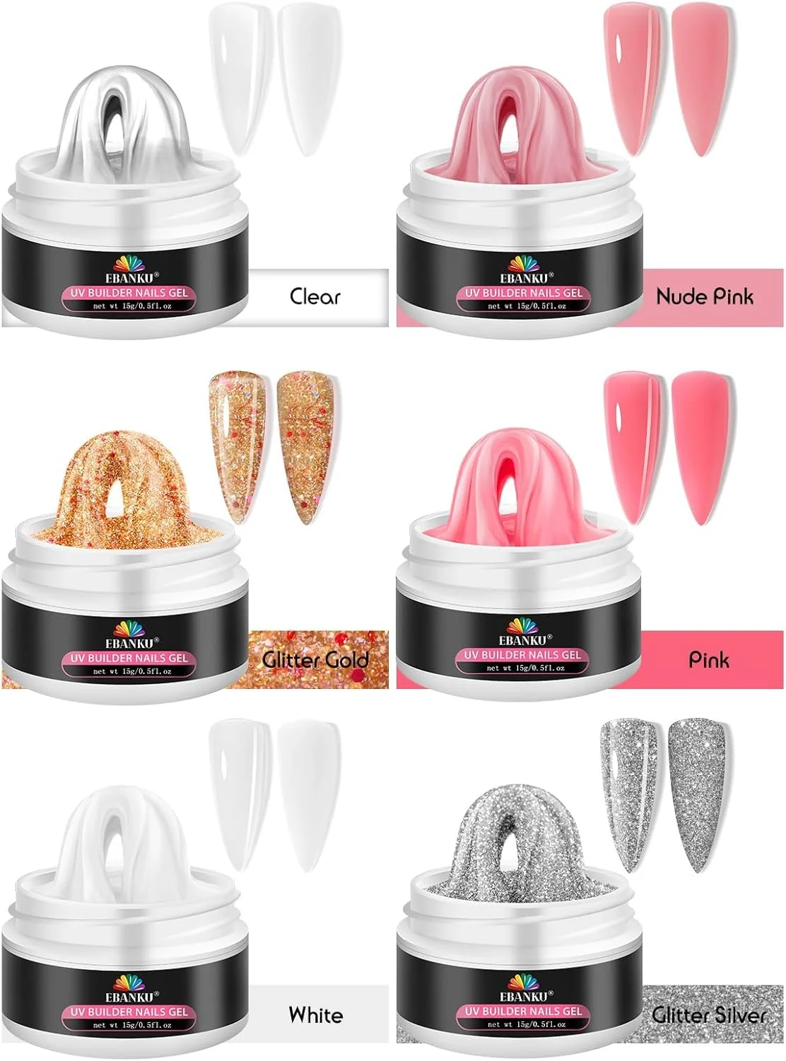 ژل سخت سازنده ناخن EBANKU، 6 رنگ ژل سازنده جامد غیر چسبنده برای اکستنشن ناخن، کیت ژل اکستنشن ناخن با قالب سیلیکونی برای سالن ناخن ژل سخت سازنده ناخن EBANKU، 6 رنگ ژل سازنده جامد غیر چسبنده برای اکستنشن ناخن، کیت ژل اکستنشن ناخن با قالب سیلیکونی برای سالن ناخن