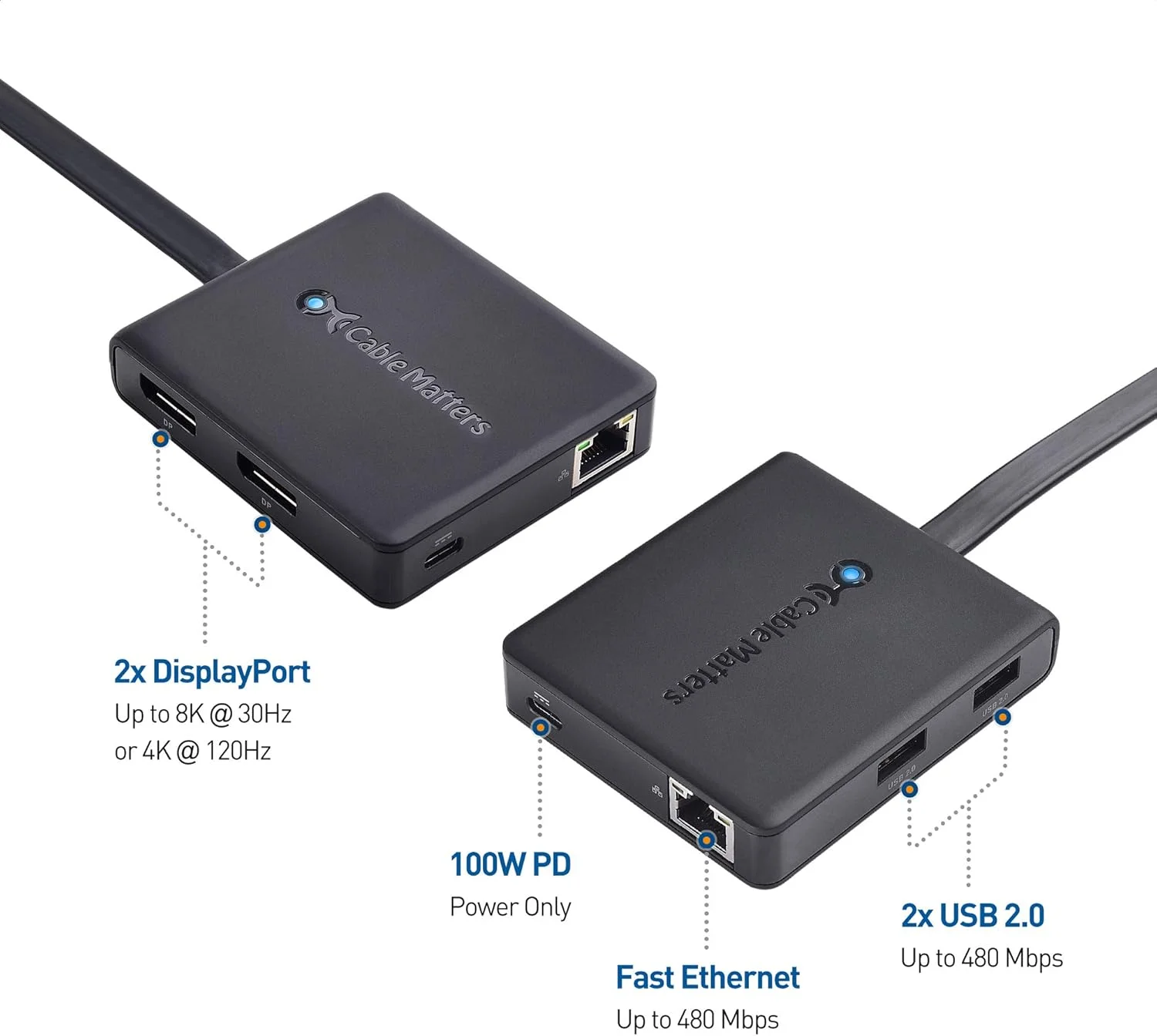هاب USB C دو مانیتوره Cable Matters (مدل جدید با DisplayPort 1.4 و شارژ 100 واتی) - پشتیبانی از 8K و دوگانه 4K 60Hz - سازگار با پورت Thunderbolt 3 و Thunderbolt 4 فقط برای ویندوز