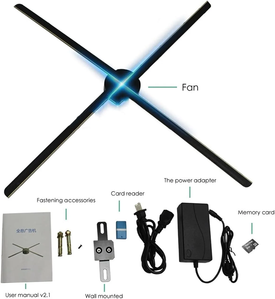 پروژکتور هولوگرام سه بعدی 55 سانتی متری با 638 ال ای دی، وای فای، نور هولوگرافی، فن نمایشگر LED، کنترل با اپلیکیشن، مناسب برای تابلوهای فروشگاه، مهمانی و هالووین پروژکتور هولوگرام سه بعدی 55 سانتی متری با 638 ال ای دی، وای فای، نور هولوگرافی، فن نمایشگر LED، کنترل با اپلیکیشن، مناسب برای تابلوهای فروشگاه، مهمانی و هالووین