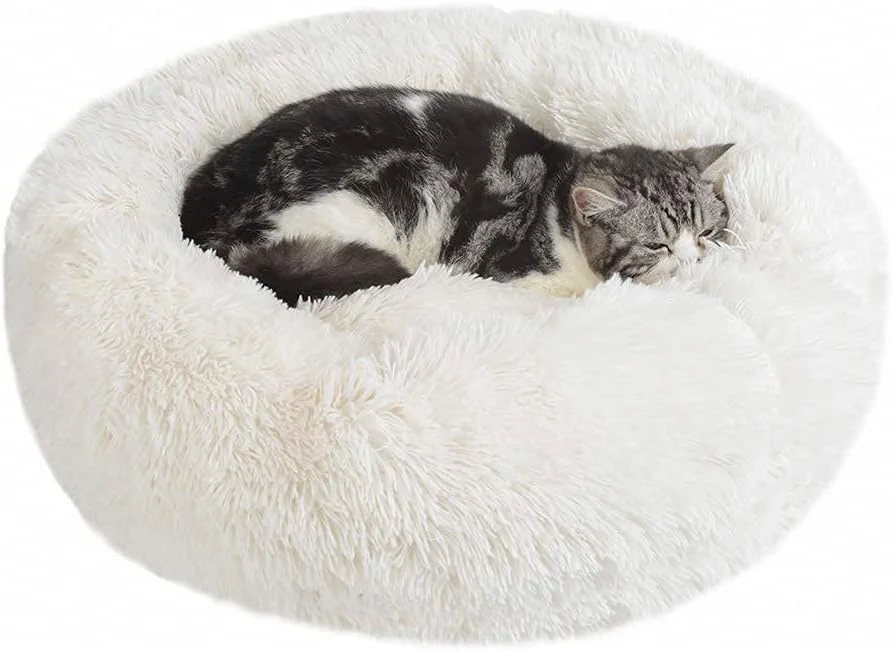 تخت خواب دوناتی آرامش بخش سگ و گربه Nepfaivy - تخت خواب گرد و نرم و کرکی برای توله سگ و بچه گربه، تخت خواب گرم و نرم ضد اضطراب حیوانات خانگی با کف ضد لغزش و قابل شستشو (M-50CM، سفید)