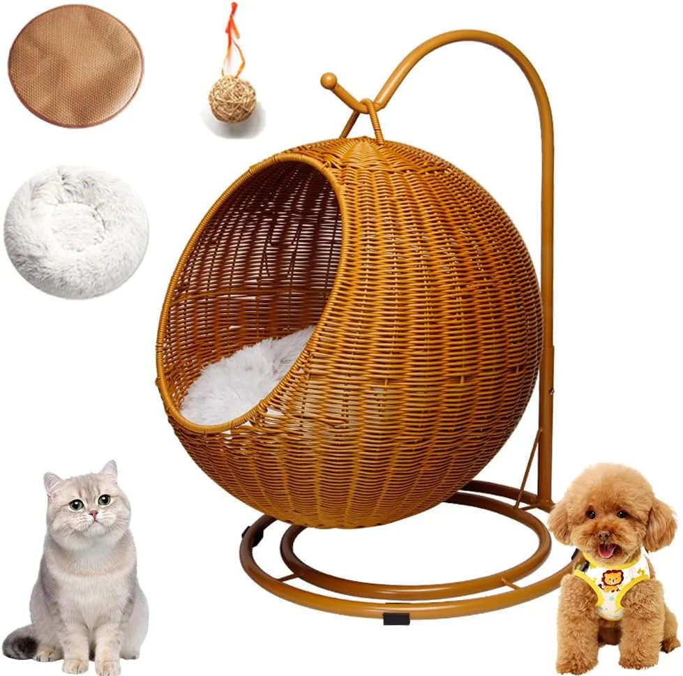 تخت آویز گربه حصیری مصنوعی Hcosmy، تخت گربه بافته شده دستی، خانه مرتفع حیوانات خانگی با پایه، راحت و قابل تنفس برای سگ ها و گربه های کوچک با تشک مخمل خواب دار و توپ انگور تخت آویز گربه حصیری مصنوعی Hcosmy، تخت گربه بافته شده دستی، خانه مرتفع حیوانات خانگی با پایه، راحت و قابل تنفس برای سگ ها و گربه های کوچک با تشک مخمل خواب دار و توپ انگور
