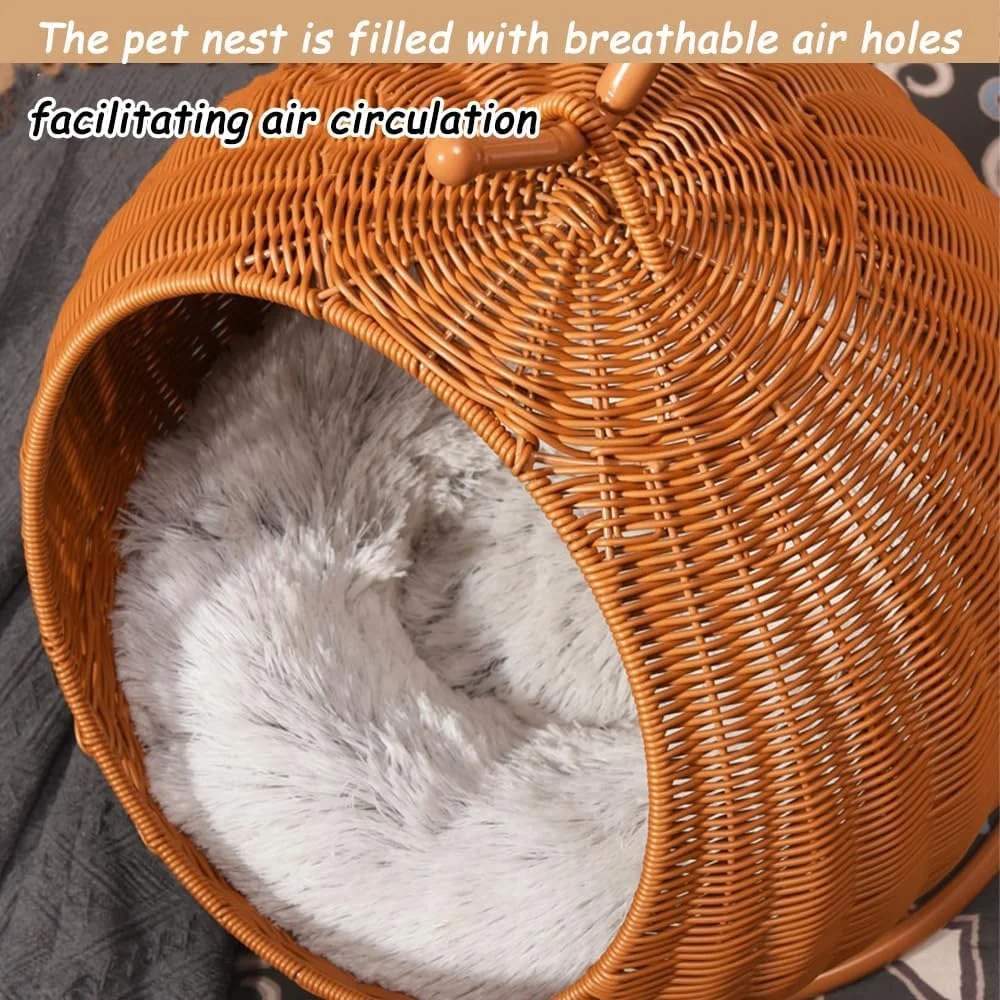 تخت آویز گربه حصیری مصنوعی Hcosmy، تخت گربه بافته شده دستی، خانه مرتفع حیوانات خانگی با پایه، راحت و قابل تنفس برای سگ ها و گربه های کوچک با تشک مخمل خواب دار و توپ انگور تخت آویز گربه حصیری مصنوعی Hcosmy، تخت گربه بافته شده دستی، خانه مرتفع حیوانات خانگی با پایه، راحت و قابل تنفس برای سگ ها و گربه های کوچک با تشک مخمل خواب دار و توپ انگور