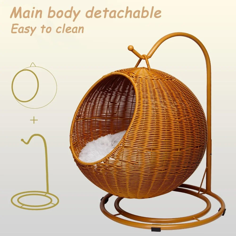 تخت آویز گربه حصیری مصنوعی Hcosmy، تخت گربه بافته شده دستی، خانه مرتفع حیوانات خانگی با پایه، راحت و قابل تنفس برای سگ ها و گربه های کوچک با تشک مخمل خواب دار و توپ انگور تخت آویز گربه حصیری مصنوعی Hcosmy، تخت گربه بافته شده دستی، خانه مرتفع حیوانات خانگی با پایه، راحت و قابل تنفس برای سگ ها و گربه های کوچک با تشک مخمل خواب دار و توپ انگور