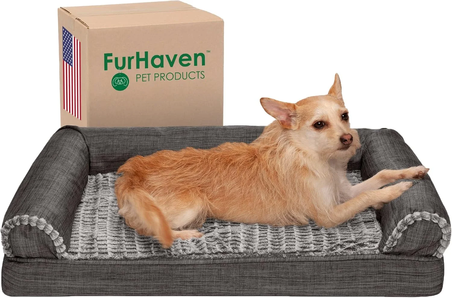 تخت سگ ارتوپدی متوسط Furhaven مدل Luxe با روکش خز مصنوعی و کتان با طراحی مبل و روکش قابل شستشو - ذغالی، متوسط تخت سگ ارتوپدی متوسط Furhaven مدل Luxe با روکش خز مصنوعی و کتان با طراحی مبل و روکش قابل شستشو - ذغالی، متوسط