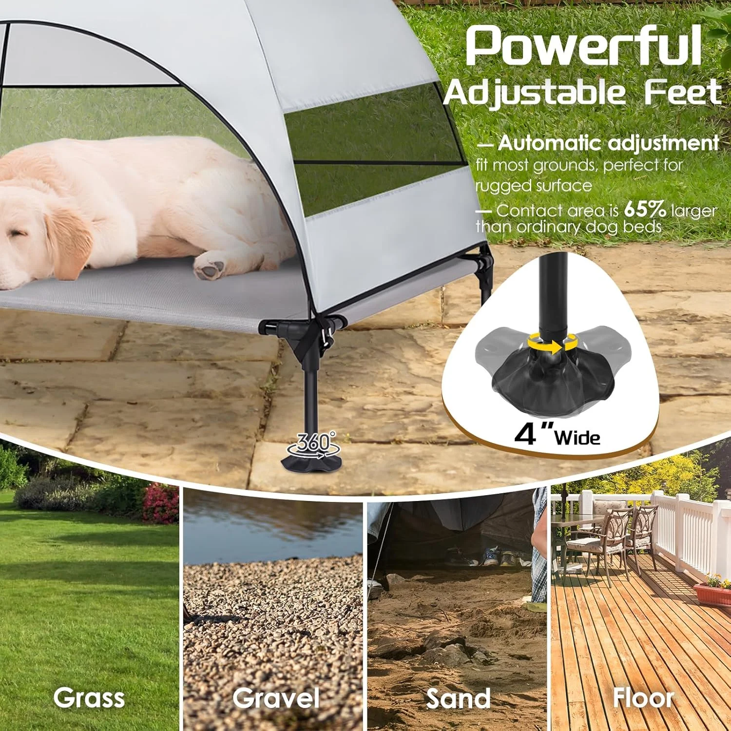 تخت سگ مرتفع بزرگ با سایبان ارتقا یافته، چادر سگ مرتفع در فضای باز با پایه های ضد لغزش قوی، تخت حیوانات خانگی قابل حمل با سایه بزرگتر، تخت خنک کننده مرتفع برای کمپینگ، حیاط خلوت، ساحل، کنار استخر
