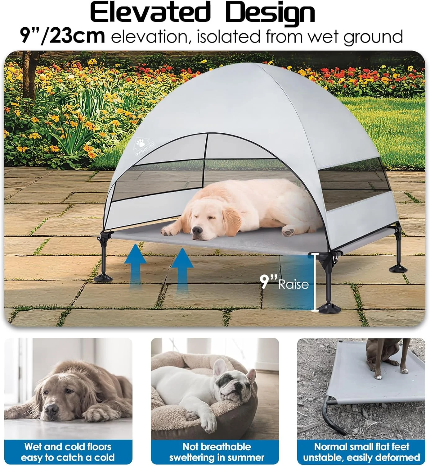 تخت سگ مرتفع بزرگ با سایبان ارتقا یافته، چادر سگ مرتفع در فضای باز با پایه های ضد لغزش قوی، تخت حیوانات خانگی قابل حمل با سایه بزرگتر، تخت خنک کننده مرتفع برای کمپینگ، حیاط خلوت، ساحل، کنار استخر